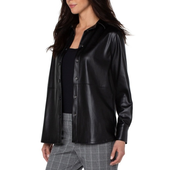 Liverpool Seamed Faux Vegan Button-down Leather Shacket, Black, Size XS‎ - Picture 3 of 12